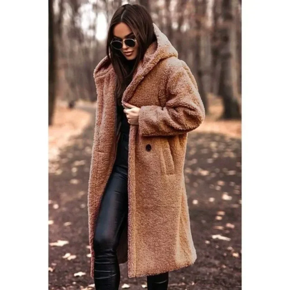 Brown Long Sleeve Hooded Hoodie Long Maxi Borg Teddy Bear Fur Coat - Picture 1 of 15